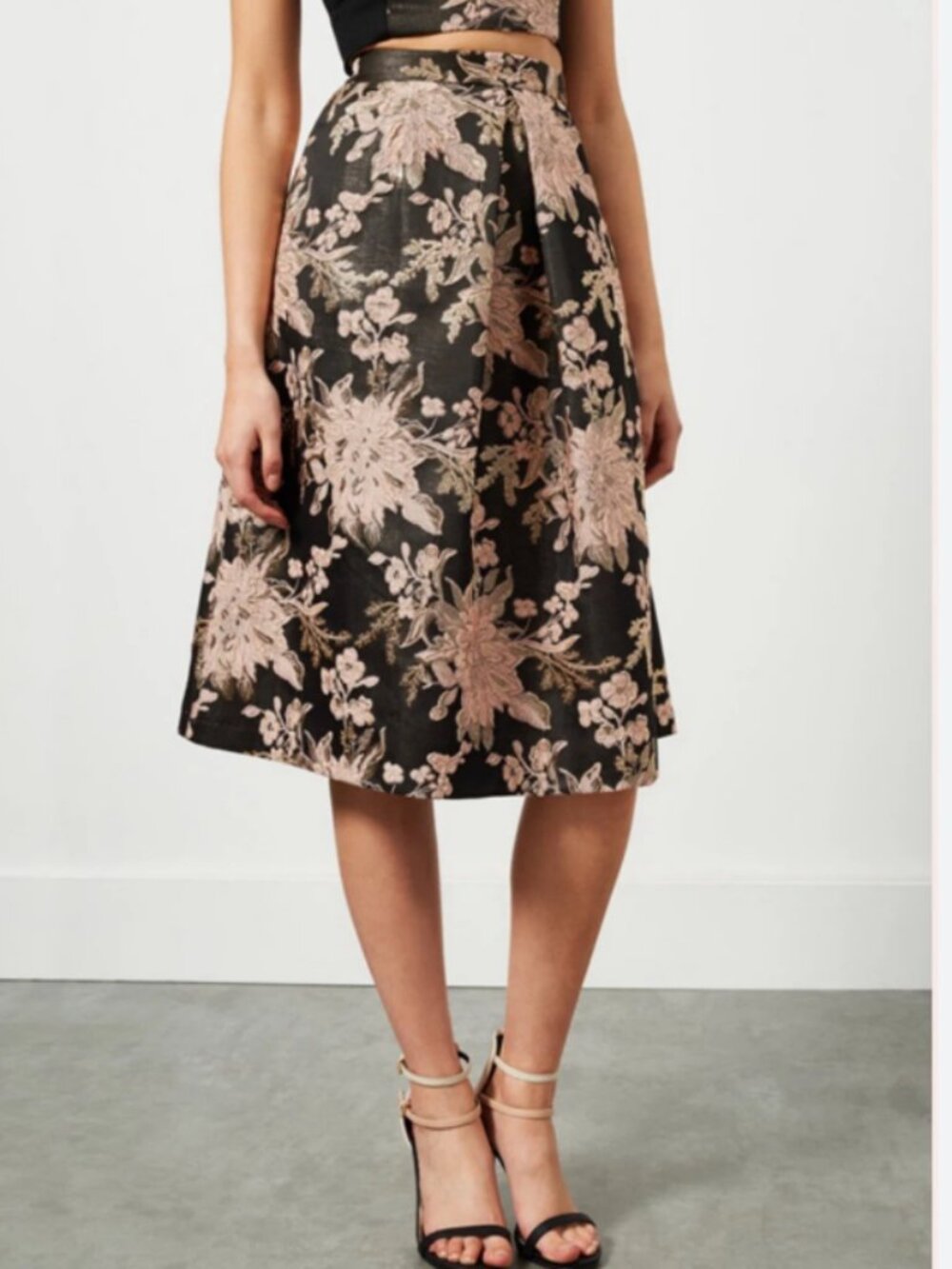 Miss Selfridge Metallic Floral Jacquard Pleated A Line Midi Skirt Size US 8